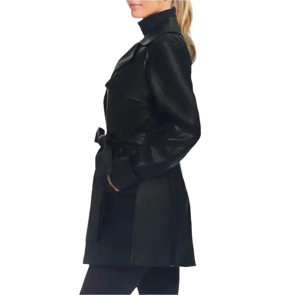 Women's Classic Black Leather Trench Coat