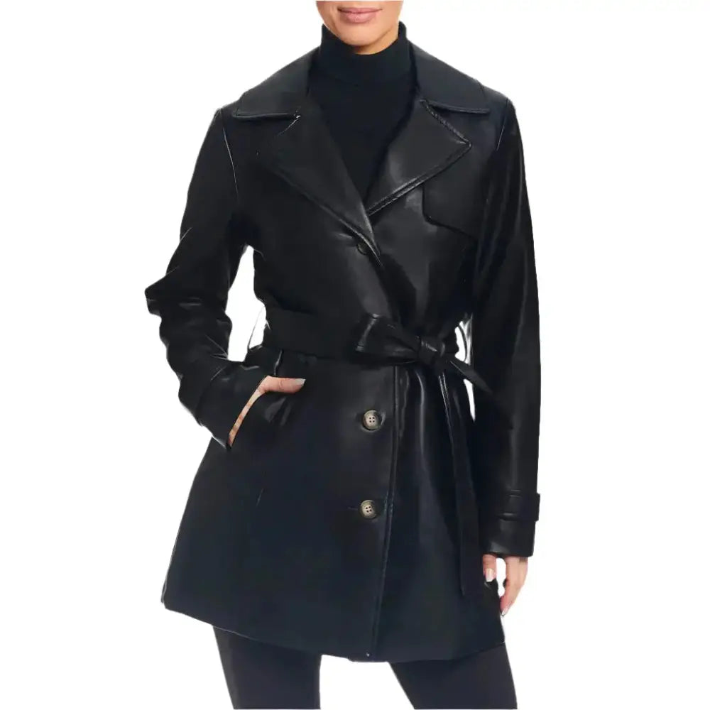 Women's Classic Black Leather Trench Coat