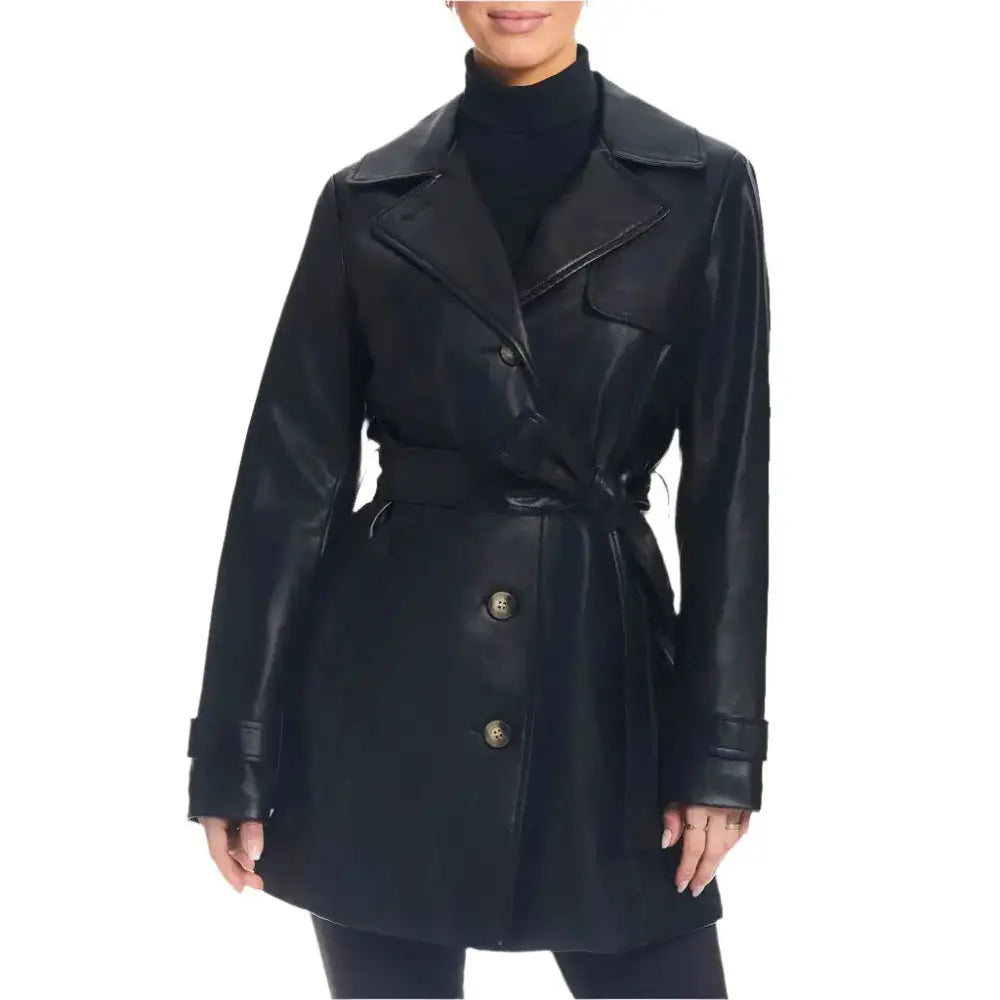 Women's Classic Black Leather Trench Coat