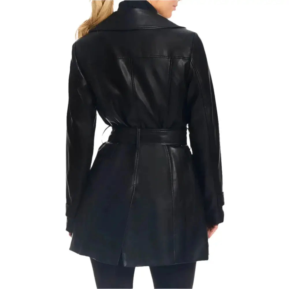 Women's Classic Black Leather Trench Coat