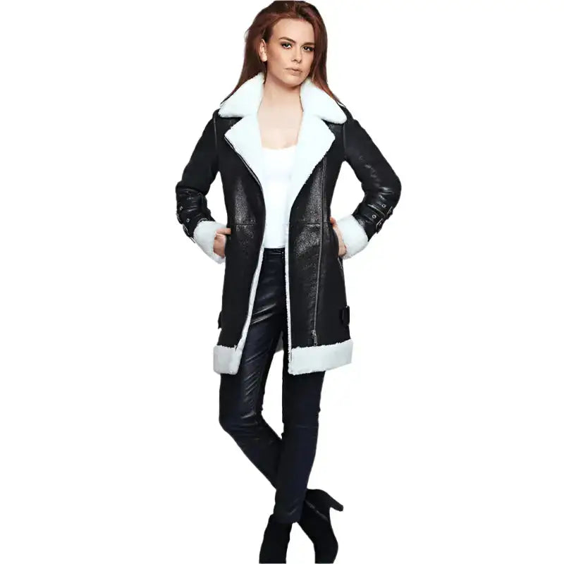 Women's Black Leather Long Coat with White Shearling