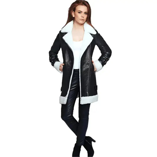 Women's Black Leather Long Coat with White Shearling