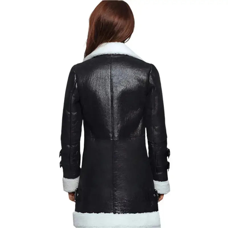 Women's Black Leather Long Coat with White Shearling