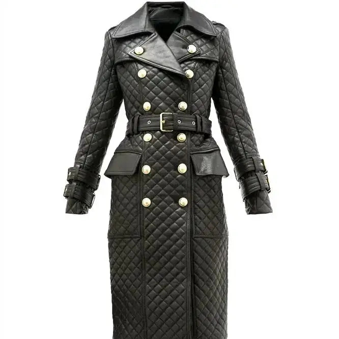 Women's Double-Breasted Quilted Leather Trench Coat