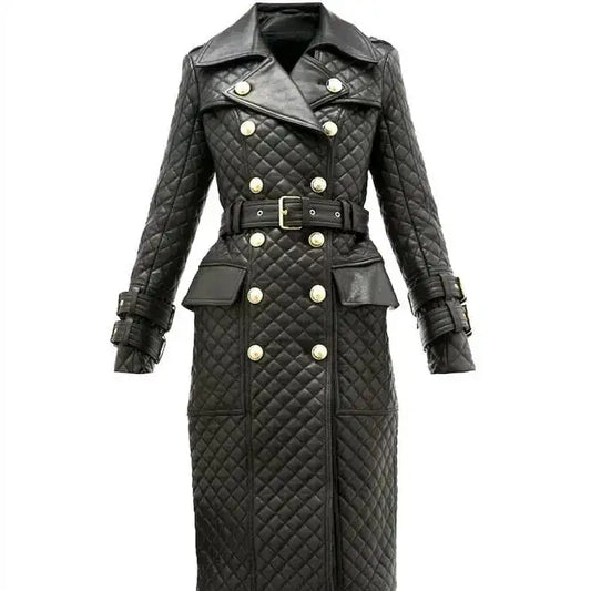 Women's Double-Breasted Quilted Leather Trench Coat